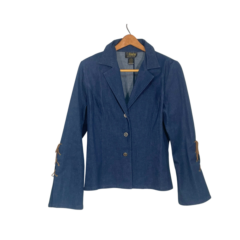 Vintage David Paul NY Sz M Denim Blazer Jacket Flare Sleeves with Leather Laces